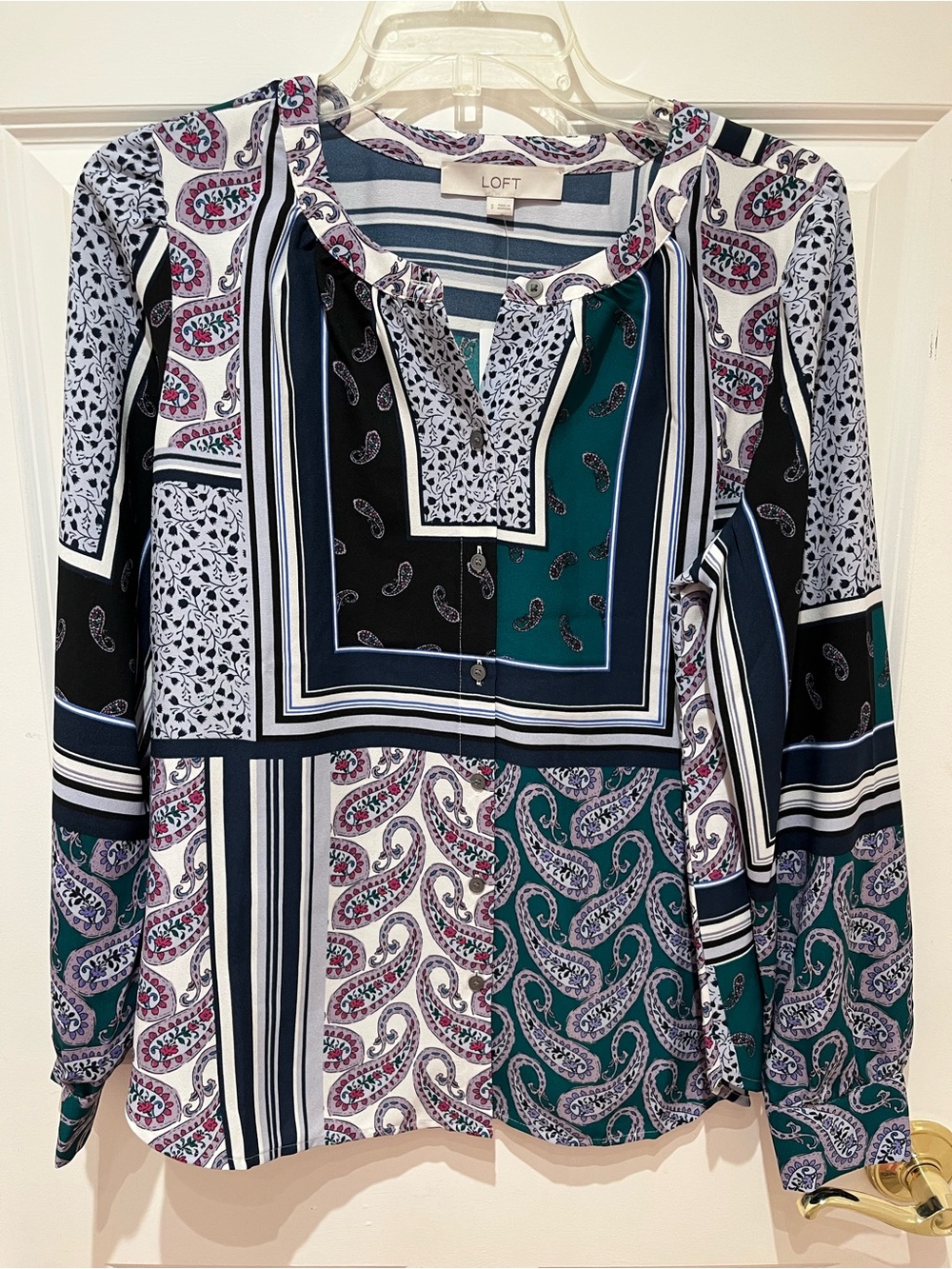 NWT LOFT Teal Black White Paisley Patchwork Blouse Size Small